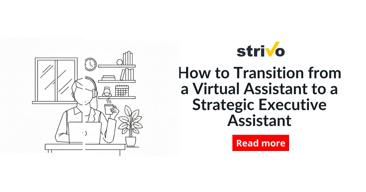 A virtual assistant works on a laptop at a desk, preparing to transition into the role of a strategic executive assistant.