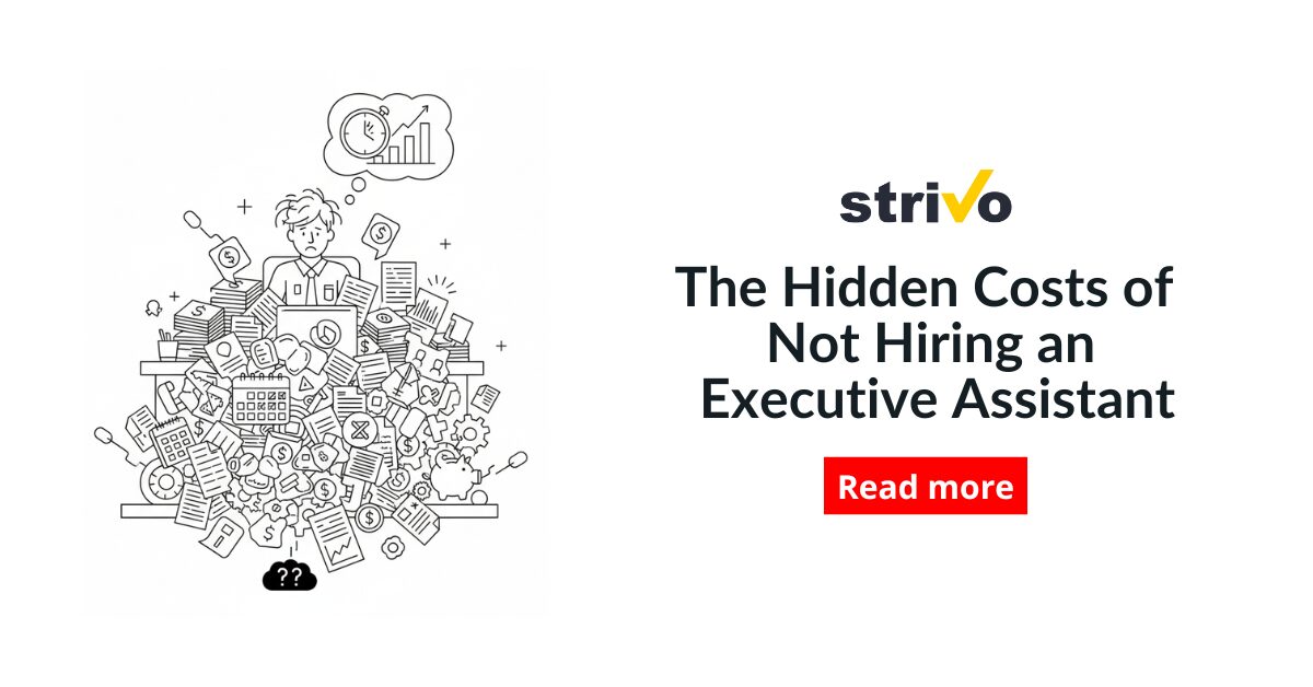 Overwhelmed person surrounded by piles of paperwork and tasks, representing the hidden costs of not hiring an executive assistant.