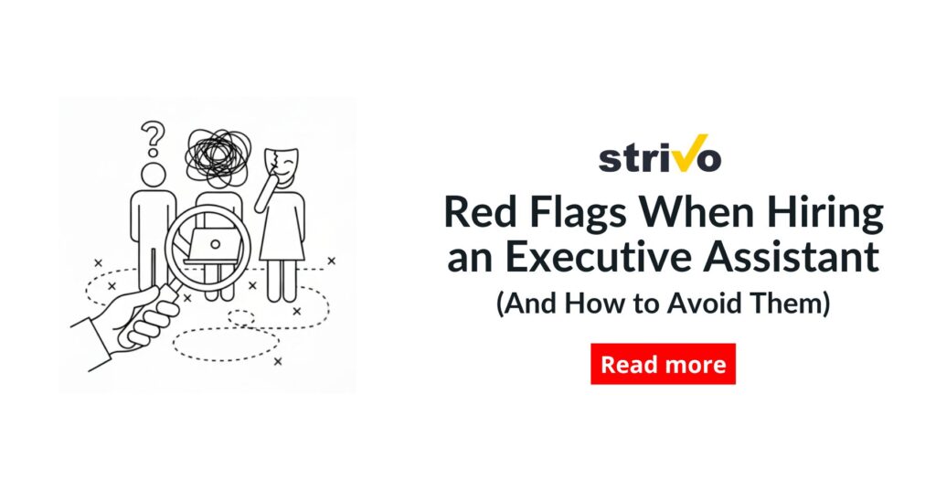 Three figures with a question mark, scribble, and mask under a magnifying glass, symbolizing red flags in hiring executive assistant